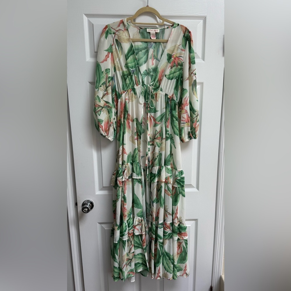 NWOT Floral Green and Cream Printed Maxi Flowy Kimono Top Size Medium - Picture 5 of 9